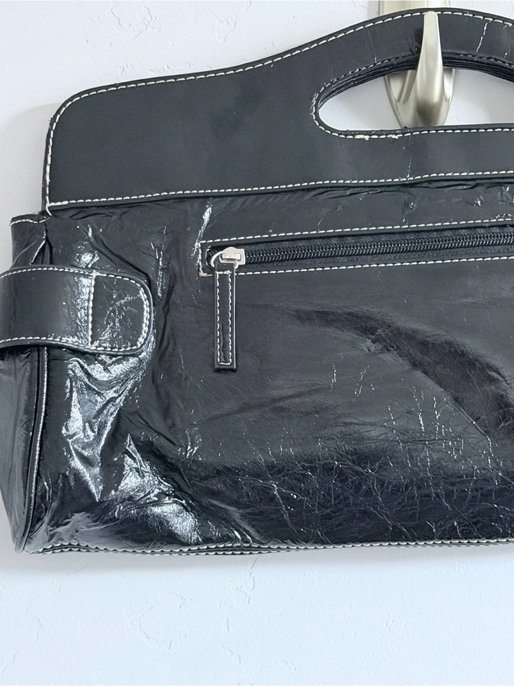 GUESS Black Patent Leather Clutch with Silver Plaque